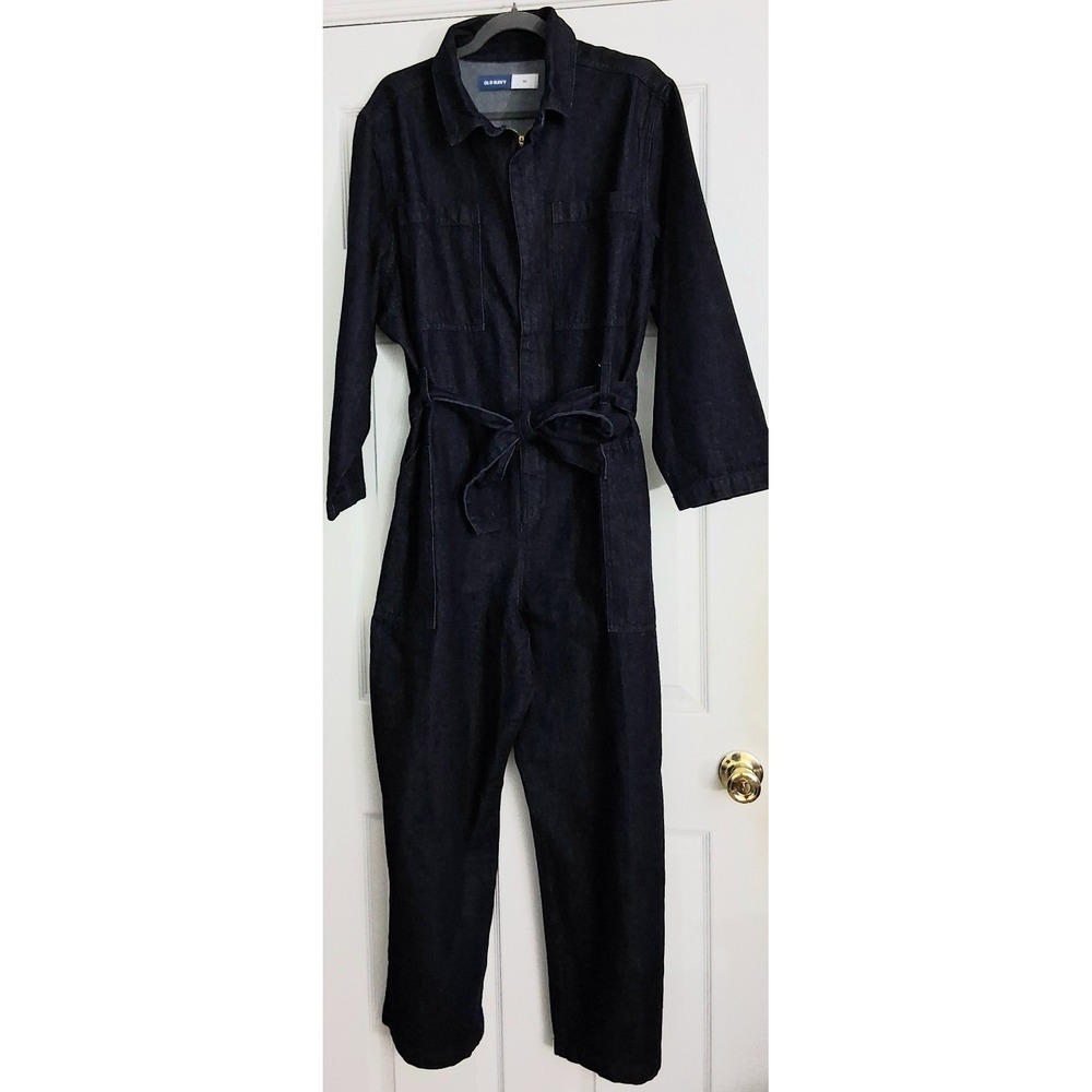 Old Navy Denim Jumpsuit Women's Size XL Dark Wash Utility Long Sleeve Belted